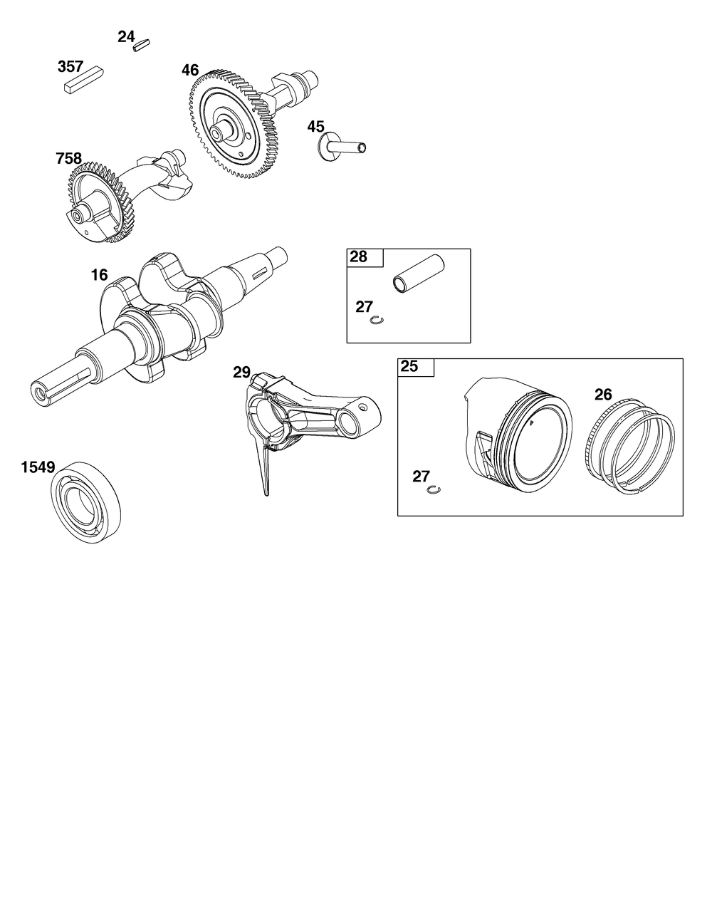 Crankshaft Group Diagram and Parts List for 25T237-0036-H5 200000 - 399999 Briggs and Stratton Engine